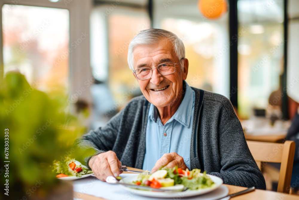 Senior man in a retirement home happily enjoying a healthy lunch. A showcase of a lifestyle of well-being and contentment