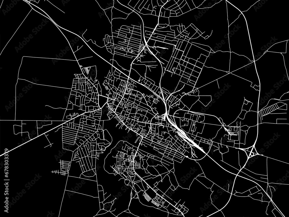 Vector road map of the city of Berdychiv in Ukraine with white roads on a black background.