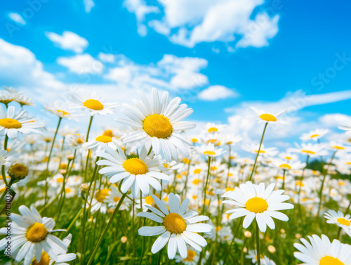 Beautiful summer landscape with a field of daisies and blue sky 