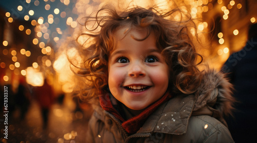 Portrait of a cute little girl on the background of Christmas lights.