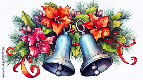  a drawing of two bells with holly and red flowers on a white background with a red ribbon and a red ribbon on the bottom of the bells is a red ribbon.
