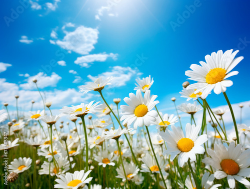 Beautiful summer landscape with a field of daisies and blue sky 