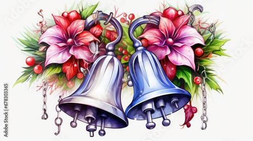  a drawing of two bells with flowers and bells hanging from it's sides, with holly and poinsettis in the middle of the bells, on a white background.