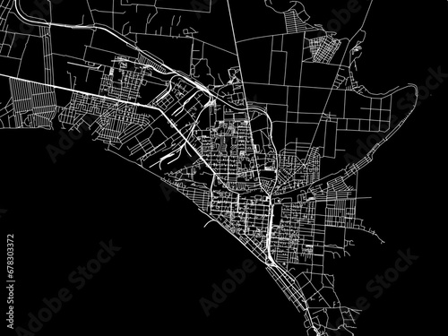 Vector road map of the city of Berdyansk in Ukraine with white roads on a black background.