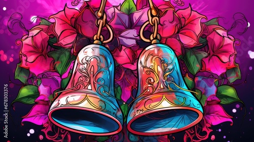  a painting of a pair of bells with flowers on a purple background with pink and red flowers on the bottom of the bells, and a purple background with pink and red flowers on the bottom.