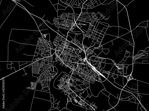 Vector road map of the city of Berdychiv in Ukraine with white roads on a black background.
