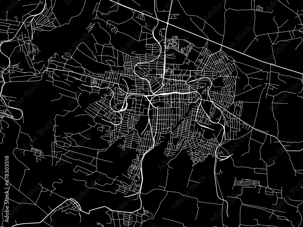 Vector road map of the city of Khrustalnyi in Ukraine with white roads on a black background.