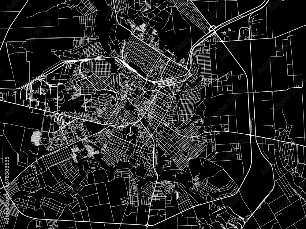 Vector road map of the city of Kropyvnytskyy in Ukraine with white roads on a black background.