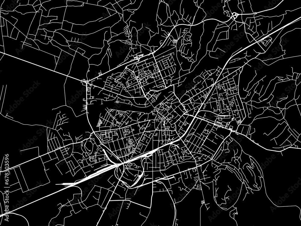 Vector road map of the city of Mukachevo in Ukraine with white roads on a black background.