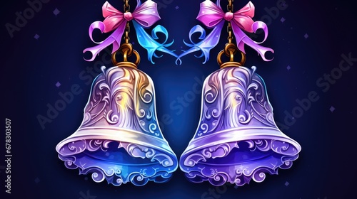  a pair of bells with bows on them on a dark blue background with a pattern of swirls and swirls on the sides of the bells is the bell.