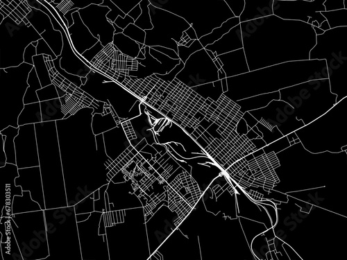 Vector road map of the city of Kostiantynivka in Ukraine with white roads on a black background.