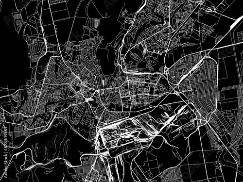 Vector road map of the city of Kryvyy Rih in Ukraine with white roads on a black background.