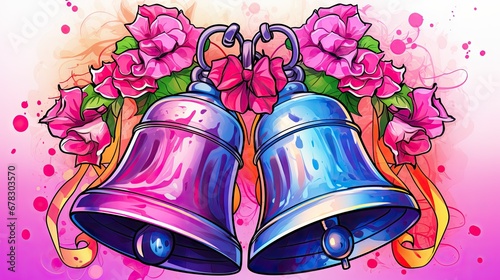  a painting of two bells with pink flowers on a pink background with a splash of paint on the left side of the image and a splash of paint on the right side of the image.