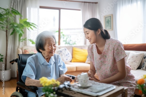 A woman sitting in a wheelchair next to an older woman. This image can be used to depict caregiving, support, and intergenerational relationships. photo