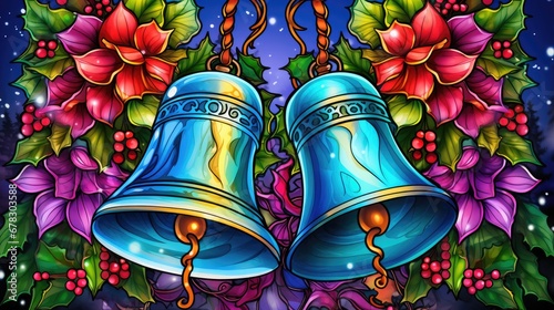 a painting of two christmas bells surrounded by holly and poinsettis on a blue background with stars and snowflakes on the bottom of the image is surrounded by snowflakes.