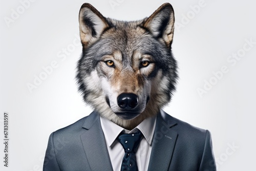 A picture of a wolf dressed in a suit and tie. Can be used to depict a wolf in formal attire or to represent the concept of a wolf in sheep's clothing