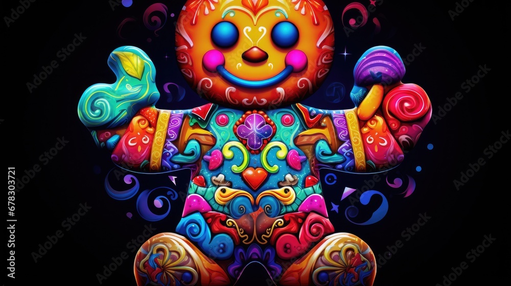 a brightly colored teddy bear sitting in front of a black background with swirls and swirls on it's body and a black background with swirls and dots. a brightly colored teddy bear sitting in front of a black background with swirls and swirls on it's body and a black background with swirls and dots.