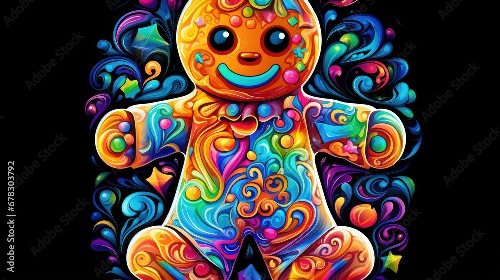  a painting of a colorful teddy bear on a black background with a swirly design on the front of the bear's body and the bear's body.