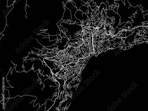 Vector road map of the city of Yalta in Ukraine with white roads on a black background.
