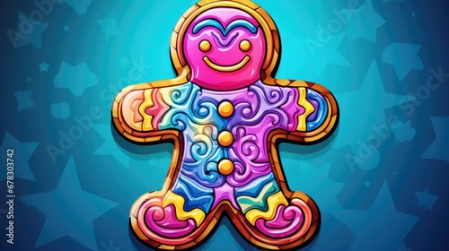  a brightly colored ginger with swirls on it's body and a smile on it's face, sitting in front of a blue background with white stars.