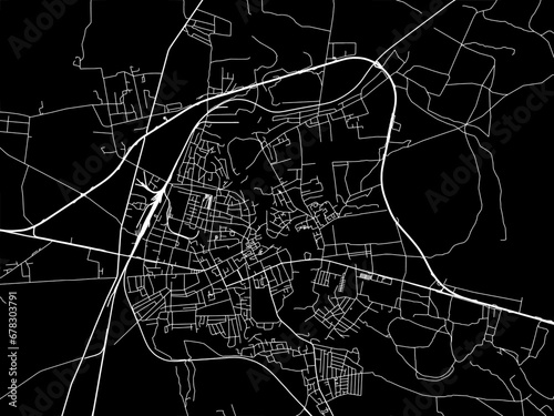 Vector road map of the city of Zviahel in Ukraine with white roads on a black background.
