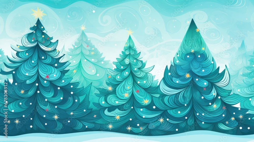  a painting of a group of christmas trees in a snowy landscape with stars and snow flakes on the tops of the trees and snowflakes on the bottom of the tops of the trees.