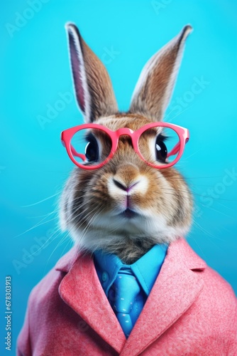 A rabbit wearing glasses and a suit is depicted on a blue background. This image can be used for various purposes, such as advertising, presentations, or as a playful illustration