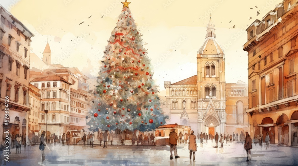  a watercolor painting of a christmas tree in the middle of a town square with people walking around and a church steeple in the background with a clock tower.