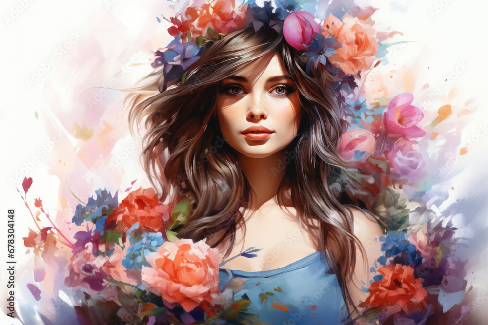 Fototapeta premium Floral watercolor illustration of a portrait of a beautiful girl, fantasy painting in pastel colors