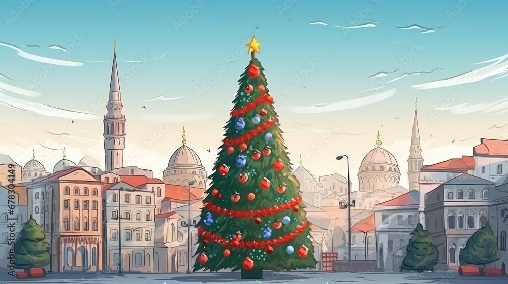  a painting of a christmas tree in the middle of a city with a church steeple in the background and a red ribbon on the top of the christmas tree.