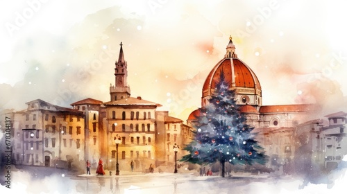  a watercolor painting of a city with a christmas tree in the foreground and a church steeple in the background with snow falling on the ground and on the ground.