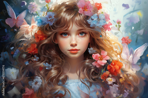 Floral watercolor illustration of a portrait of a beautiful girl, fantasy painting in pastel colors
