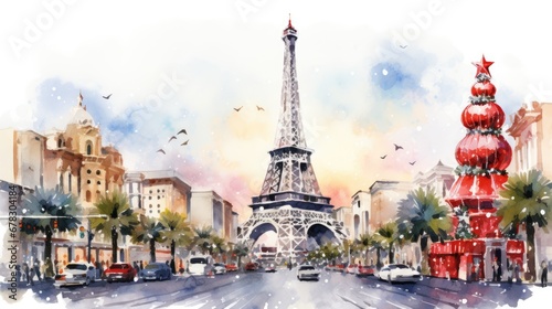  a watercolor painting of the eiffel tower with cars driving down the street in front of the eiffel tower, paris, france, with birds flying around the eiffel tower.