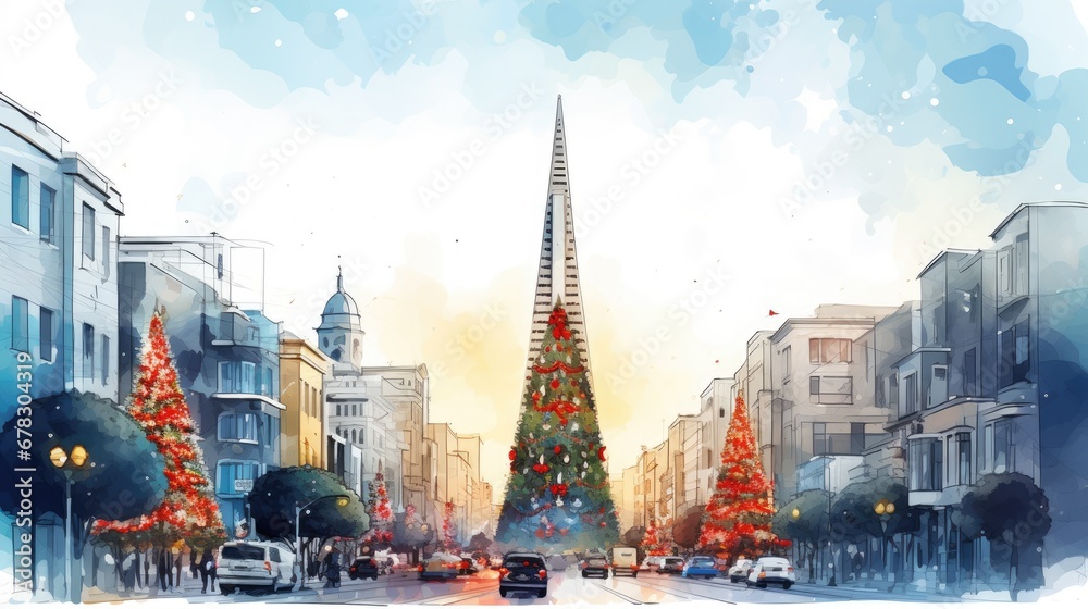  a watercolor painting of a christmas tree in the middle of a city street with cars parked on the side of the street and a steeple with a steeple in the background.