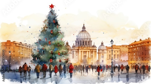  a watercolor painting of a christmas tree in the center of a city with people walking around and a large building in the background with a dome on the top. © Shanti