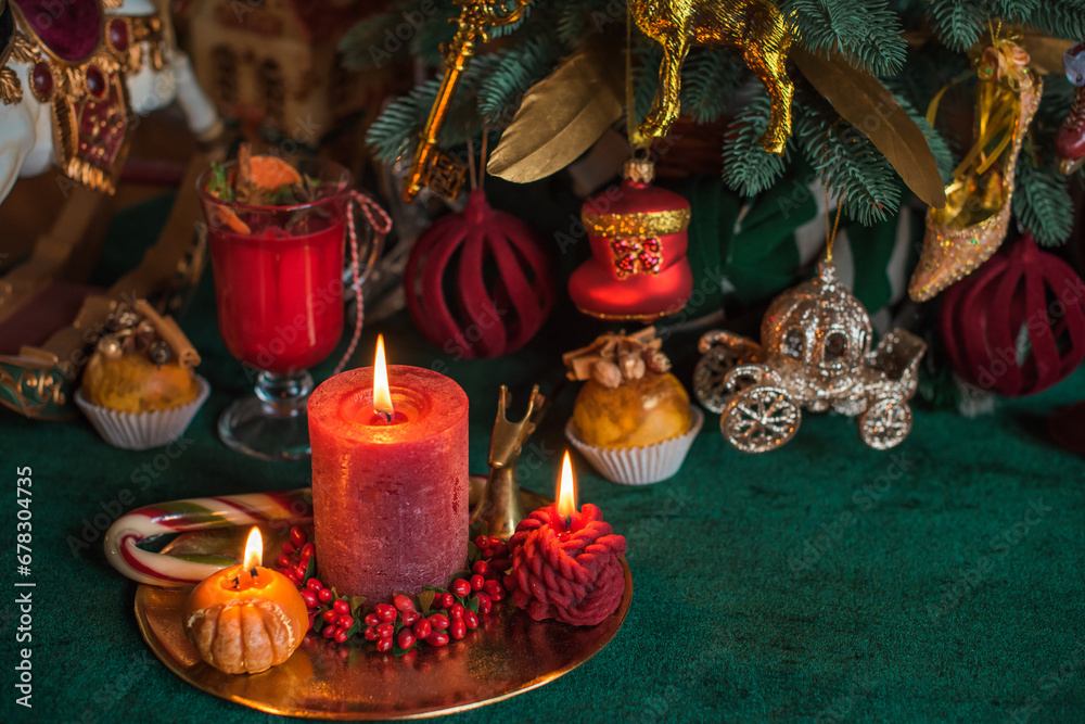 Magic Christmas time illustration. Red New Year Candles at home