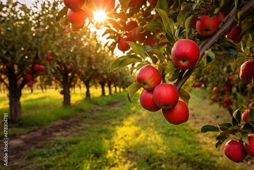 The golden hour sun streams through rows of apple trees, casting a warm glow over the red, ripe fruit ready for harvest in a serene orchard