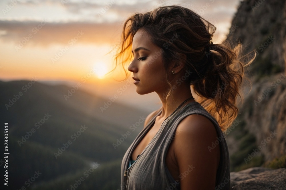 Young woman meditating on a cliff overlooking a mountain landscape, outdoor relaxation for mental wellbeing, generative AI Young woman meditating on a cliff overlooking a mountain landscape, outdoor relaxation for mental wellbeing, generative AI