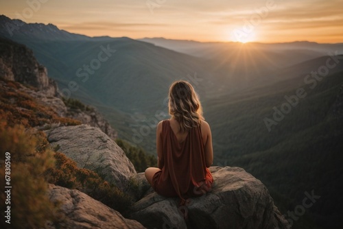 Young woman meditating on a cliff overlooking a mountain landscape, outdoor relaxation for mental wellbeing, generative AI