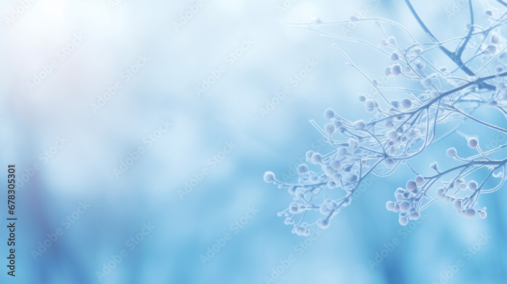 Winter branch covered with frost and snow. Frozen winter branch with copy space. Blurred bokeh background.