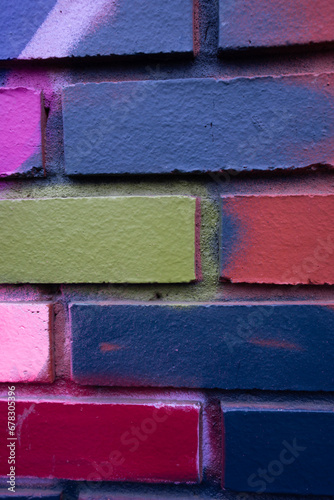 Photography colorful painted brick background close up vertical backdrop wallpaper blue gree