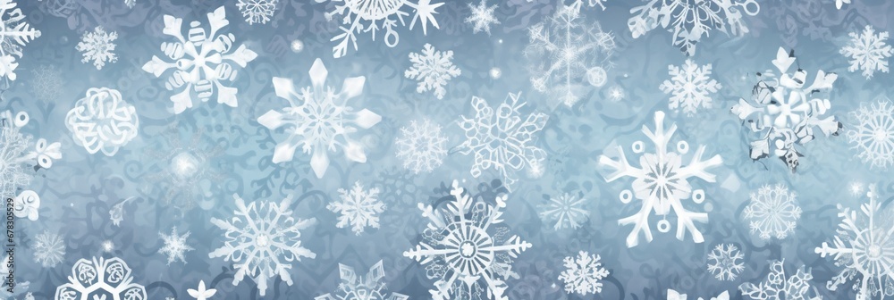 Beautiful snowfall christmas background. Subtle flying snow flakes and stars on light blue winter backdrop. Beautiful snowfall overlay template. Panoramic illustration.