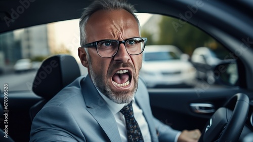  Angry white male car driver yells at other drivers and pedestrians who obstruct traffic, mature adult businessman is late for a business meeting in a car, generative ai