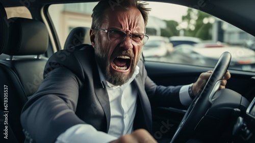 Angry white male car driver yells at other drivers and pedestrians who obstruct traffic, mature adult businessman is late for a business meeting in a car, generative ai