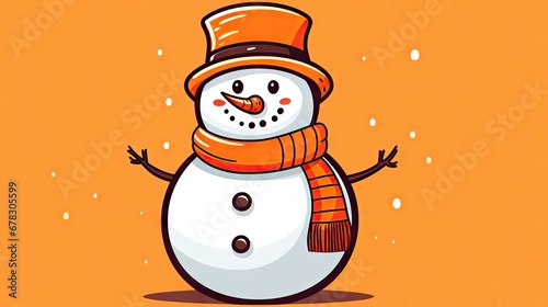  a snowman wearing a hat and scarf with his arms out in front of an orange background with snowflakes on the bottom and bottom of the snowfloor. photo