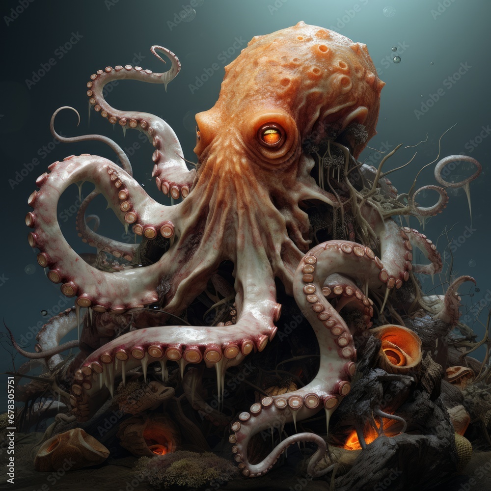 an octopus with tentacles and tentacles on rocks