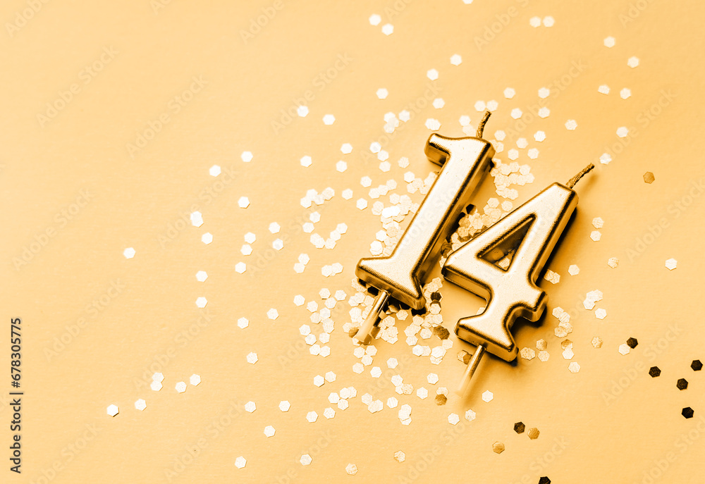 14 years celebration festive background made with golden candle in the form of number Fourteen lying on sparkles. Universal holiday banner with copy space. - obrazy, fototapety, plakaty 