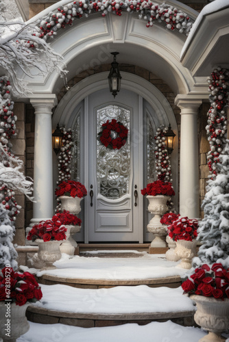 Snowy front door of a house decorated for Christmas and New Year. © Synthetica
