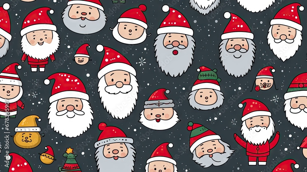  a group of santa clauss with hats and beards on a black background with snowflakes and snowflakes on the bottom and bottom of the heads.