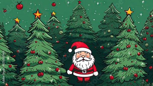  a christmas scene with a santa clause standing in front of a forest of christmas trees with stars and baubs on the top of the tops of the trees. photo